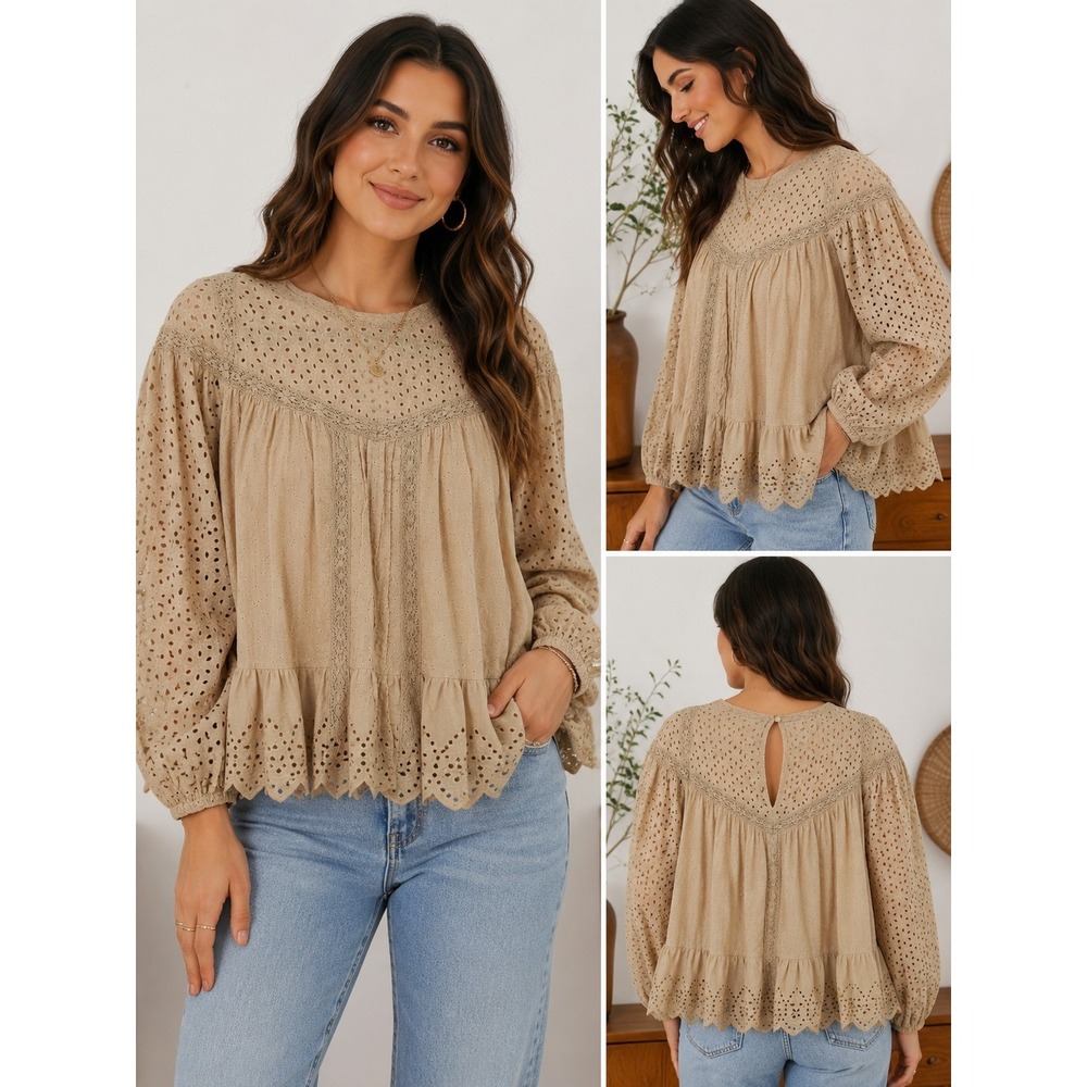 Oli & Hali Womens Medium Eyelet Lace Peasant Blouse Boho Babydoll Ruffle Hem